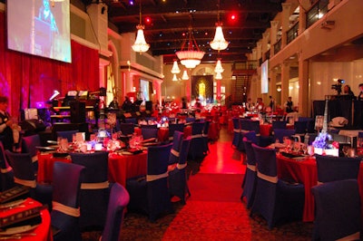 Solutions With Impact used red and blue decor to create London- and Paris-themed dining areas in the banquet hall.