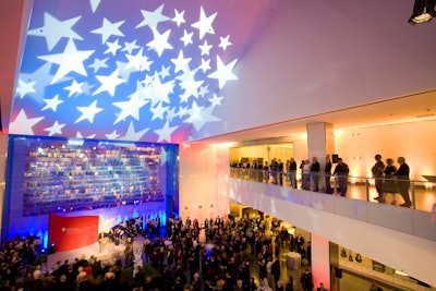 The new second-floor atrium of the American History Museum was ablaze in star-shaped gobos to showcase the entrance to the Star-Spangled Banner exhibit.