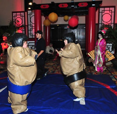 A sumo-wrestling ring, complete with inflatable suits, was set up in the China area.