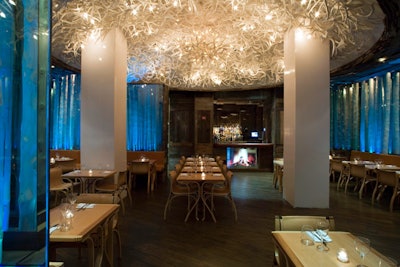 Aspen Social Club's dramatic ceiling fixture is comprised of antler-shaped ceramic pieces.
