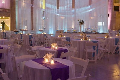 Tables featured linens in three colors, which were meant to reflect the three brands showcased at the event.