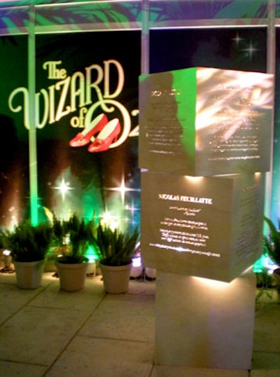 Sponsor names and famous quotes form the movie were carved into a stack of three lit cubes on the patio from SRX Events.