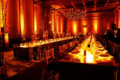 In the dinner room, hanging sculptures of silver balls presented a modern take on Christmas ornaments.