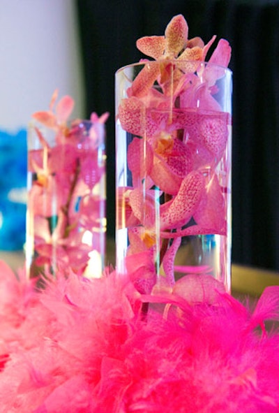 Pink boas—available at the event as the encouraged dress code for guests—surrounded orchid arrangements.