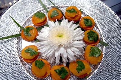 Silver platters held sweet potato and apricot hors d'oeuvres.