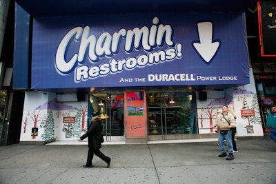 Duracell piggybacked on the Times Square spot of fellow Procter & Gamble brand Charmin, which has given holiday shoppers public restrooms for the past three years.