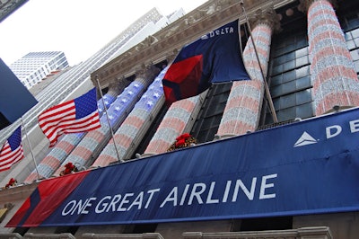 Delta covered the exchange's facade with it's slogan, 'one great airline.'