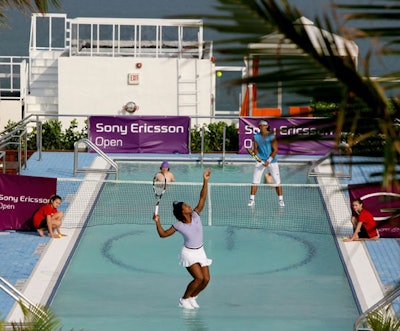 To lead into the Sony Ericsson Open in Miami, Serena Williams and Rafael Nadal faced off on a custom-built court submerged just below the water's surface on the Gansevoort South Hotel and Residence's rooftop pool.