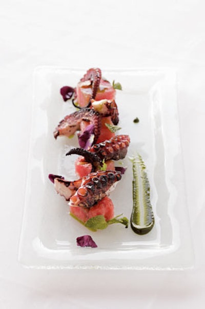 Grilled octopus with pickled watermelon and Persian mint from Grace Restaurant Events and Catering in Los Angeles