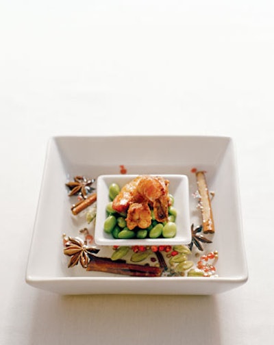 Chili-rubbed prawns over edamame in a bowl of warmed aromatics from Cleaver Company in New York