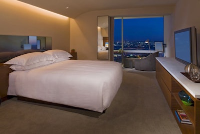 Guest rooms at the Andaz West Hollywood feature muted, understated decor and color palettes.