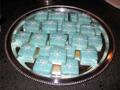 Dessert included petits fours frosted to look like Tiffany's signature little blue boxes.