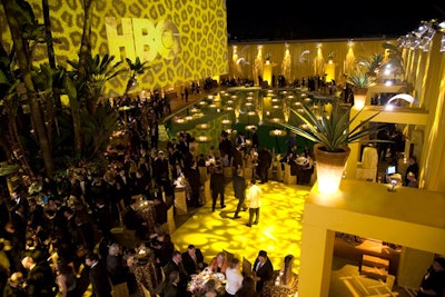 A chocolate brown and banana yellow palette lent a retro '60s look to Billy Butchkavitz's designs for HBO's party.