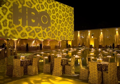 HBO's logo splashed over the exterior walls of the Beverly Hilton at the network's party.