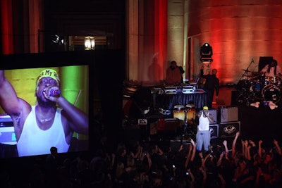 The irrepressible Wyclef Jean's headgear was fashioned from an Obama bumper sticker. Talk about repurposing.