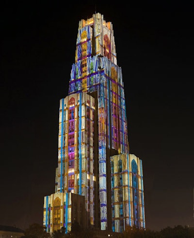 Artlumiere worked with German firm Casa Magica to illuminate the 42-story Cathedral of Learning at the University of Pittsburgh in November. Projectors positioned on the ground and surrounding buildings covered the facade with letters and stained glass imagery inspired by the Gothic-style architecture and Johannes Gutenberg's introduction of movable type.