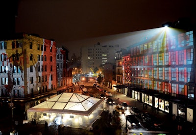 In May, Google promoted its new artist themes for iGoogle, a customizable personal home page, with an outdoor gallery of light projections in New York's meatpacking district. San Francisco-based experiential marketing firm Obscura Digital animated art by notables like Marc Ecko, Jeff Koons, and Michael Graves, then projected the video onto several buildings.
