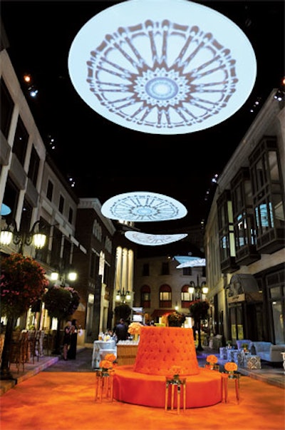 PR and event marketing firm the Donahue Group designed imagery and disc-shaped screens looming over Beverly Hills' Two Rodeo for the Walk of Style ceremony honoring shoe designer Manolo Blahnik last September. ShowPro designed the lighting and projected shoe-based kaleidoscopic imagery and live-camera feeds from concealed positions within the backs of custom-built lounge seating.