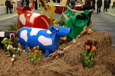 A display featuring hay and painted ox-like sculptures marked the arrival of the Year of the Ox.