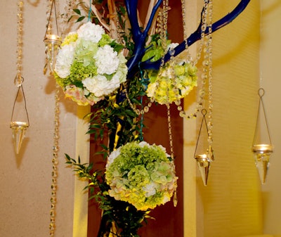 Arrangements of white and green cymbidium orchids, roses, hydrangeas, lilies, and moss were suspended from the Manzanita trees and accented by hanging tea lights and strings of crystals.