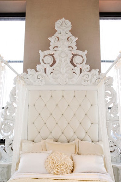 Taking the scale of the room into account, Brides' style director Maria McBride designed an elaborate headboard that wouldn't look small in a space with 25-foot-high ceilings.