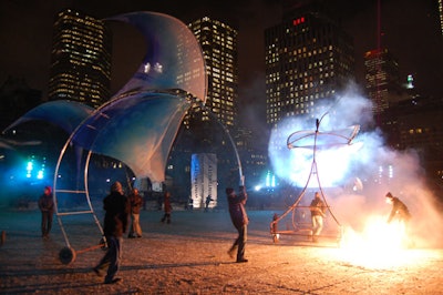 Dutch street-theatre troupe Close-Act rehearsed scenes from the underwater love story Pi-Leau at Nathan Phillips Square.