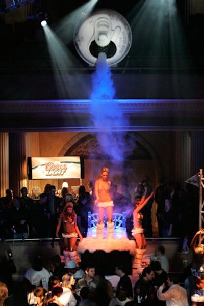 Coors Light's party in Orlando on Friday night, dubbed 'Apex,' was meant to evoke scaling a mountain, so event producer Dan Parente of Bookem Danno brought in snow and fog effects. Also on hand: scantily clad models and dancers donning tiny fur-flecked costumes.