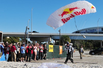 Also at ESPN's Saturday event, a Red Bull-emblazoned skydiver landed at the party, which ran from noon to 5 p.m. and featured a performance by Sean Kingston.