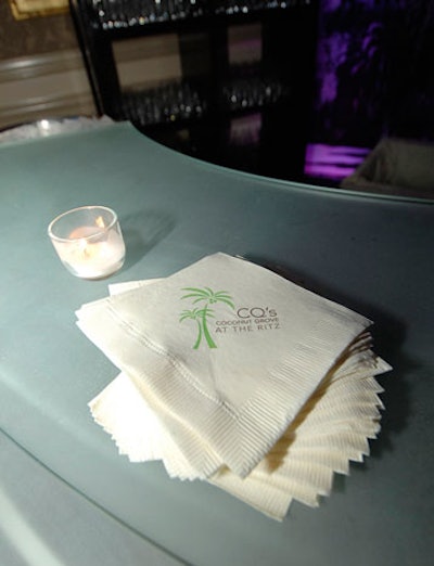 Retro cocktail napkins carried the 'Coconut Grove' theme.