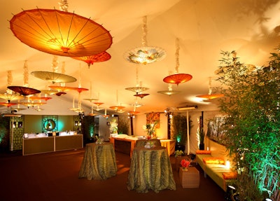 Inverted parasols hung from the ceiling.