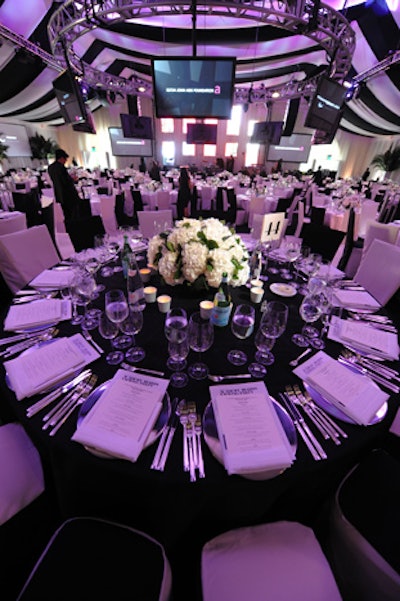 White hydrangeas flecked with green leaves spilled from low table centerpieces.