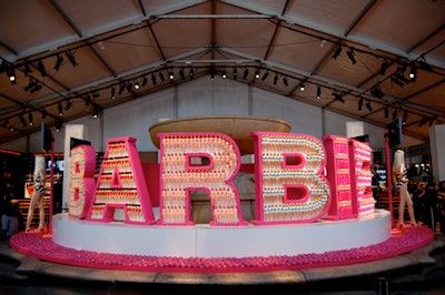 The promotion of Barbie's 50th anniversary included a large display around the fountain in the center of the tent lobby.