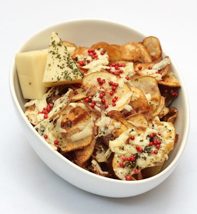Heirloom potato chips with pink peppercorns, fresh thyme and asiago cheese from Très L.A.