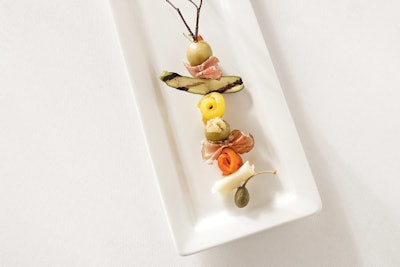 Olive, cheese, pepperoni, and vegetable skewers from Entertaining Company in Chicago