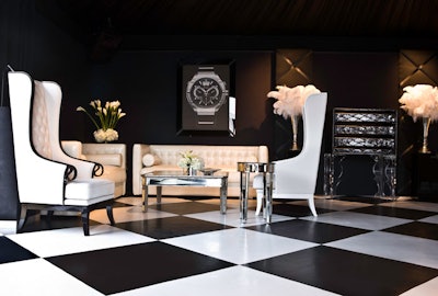 Piaget's lounge featured a black-and-white-tiled floor.