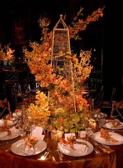 A gilded obelisk-shaped birdcage was the focal point for the Cullman & Kravis Inc. table.