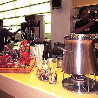 At the Bodum Cafe & Homestore opening party, one catering option included a chocolate fondue with grapes, raspberries and strawberries displayed in Bodum glassware and a Bodum fondue pot.