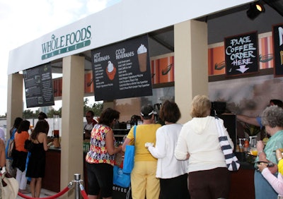 The Design Group of Miami erected a Whole Foods Market grocery store where guests could walk through each of the stations-including a coffee bar, bakery, and produce stop-sampling the bites provided at each.