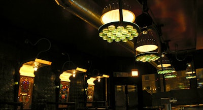 The front room features chandeliers made with recycled bottles.