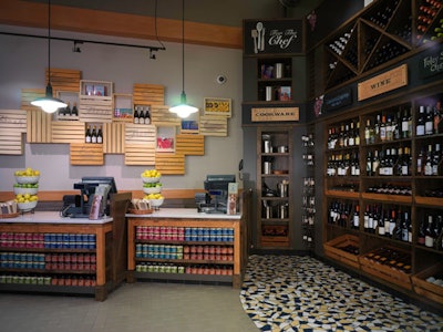 Wine and cookware are among the retail offerings.