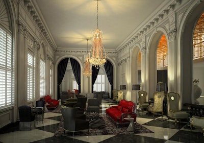 The lobby decor combines Italian Renaissance architecture and modern furnishings.