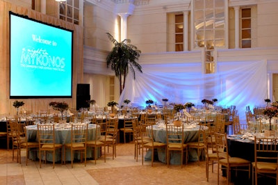 Organizers dressed the dining room in blue and white decor for the Greek-themed fund-raiser.