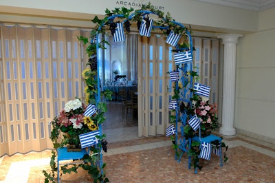Greek flags adorned an archway leading into the dining room.
