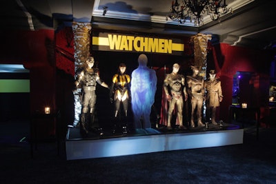 A team from Warner Brothers' archives prepared costumes for movie characters at the party. The Dr. Manhattan character—computer generated in the film—was represented through projection.