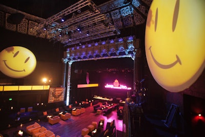 Animated video effects enlivened two 15-foot circular screens at the Watchmen premiere party.
