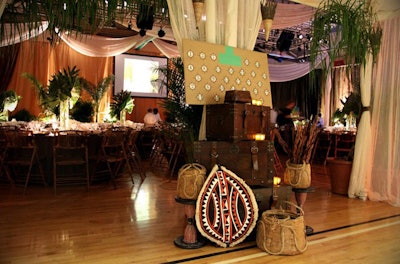 Antique trunks, African baskets, and tribal symbols evoked the safari look.