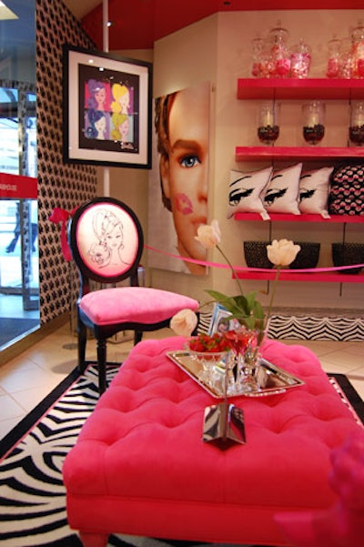 Furnishings by Glenn Dixon, fashions by David Dixon, and collectible Barbie dolls are on display at the shop, which offers a range of Barbie products.