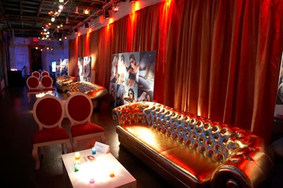Golden couches from Signature Event Rentals anchored the upstairs seating areas for V.I.P.s including Taylor Momsen, Tyson Beckford, and Agyness Deyn.
