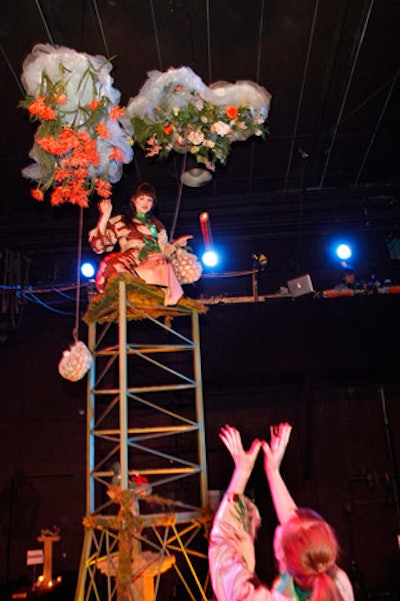 Kimono-clad performers pulled golden eggs from fabric clouds hanging from Redmoon Central's ceiling; the eggs and the poems within them served as takeaway gifts.