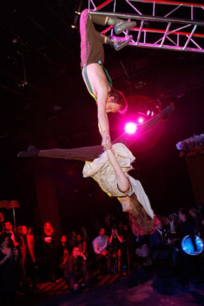 Aerial acrobats performed on a ladder that grew taller throughout the routine.